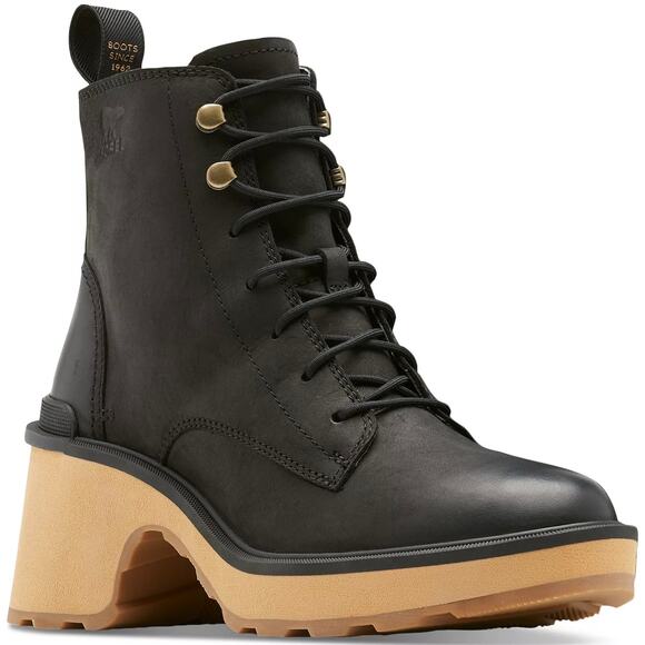 NEVER WORN Sorel Hi-Line Heel Lace Boots Black 7.5 Lug Sole Platform Chunky Heel - Picture 1 of 7